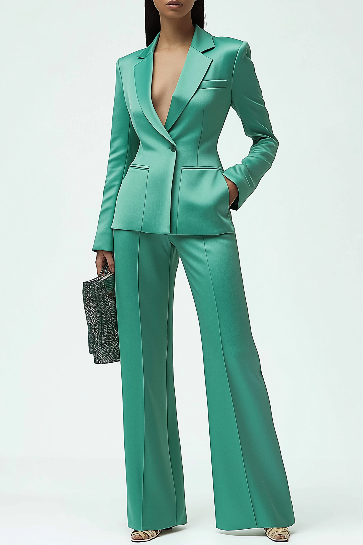 Work Formal Suit Set Green Satin Long Sleeve Pants Set with Pockets