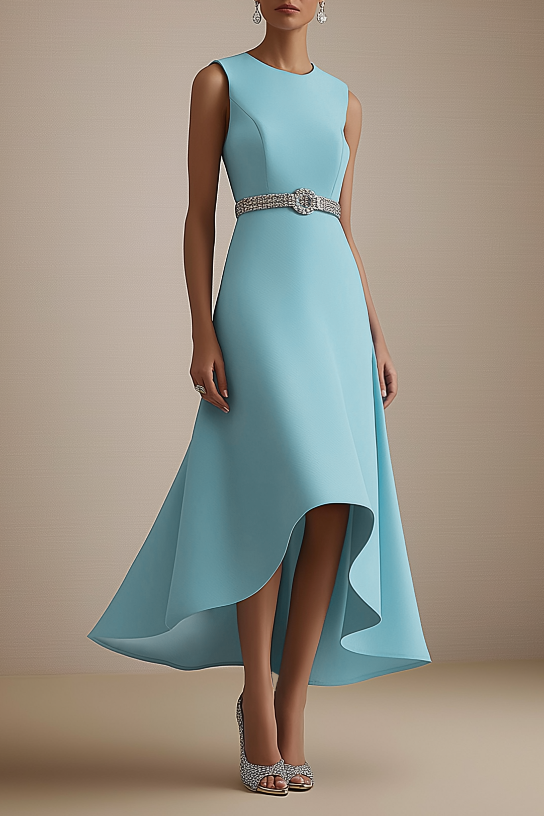 Party Semi-Formal Dress Light Blue Sleeveless Rhinestone Waist Midi Dress