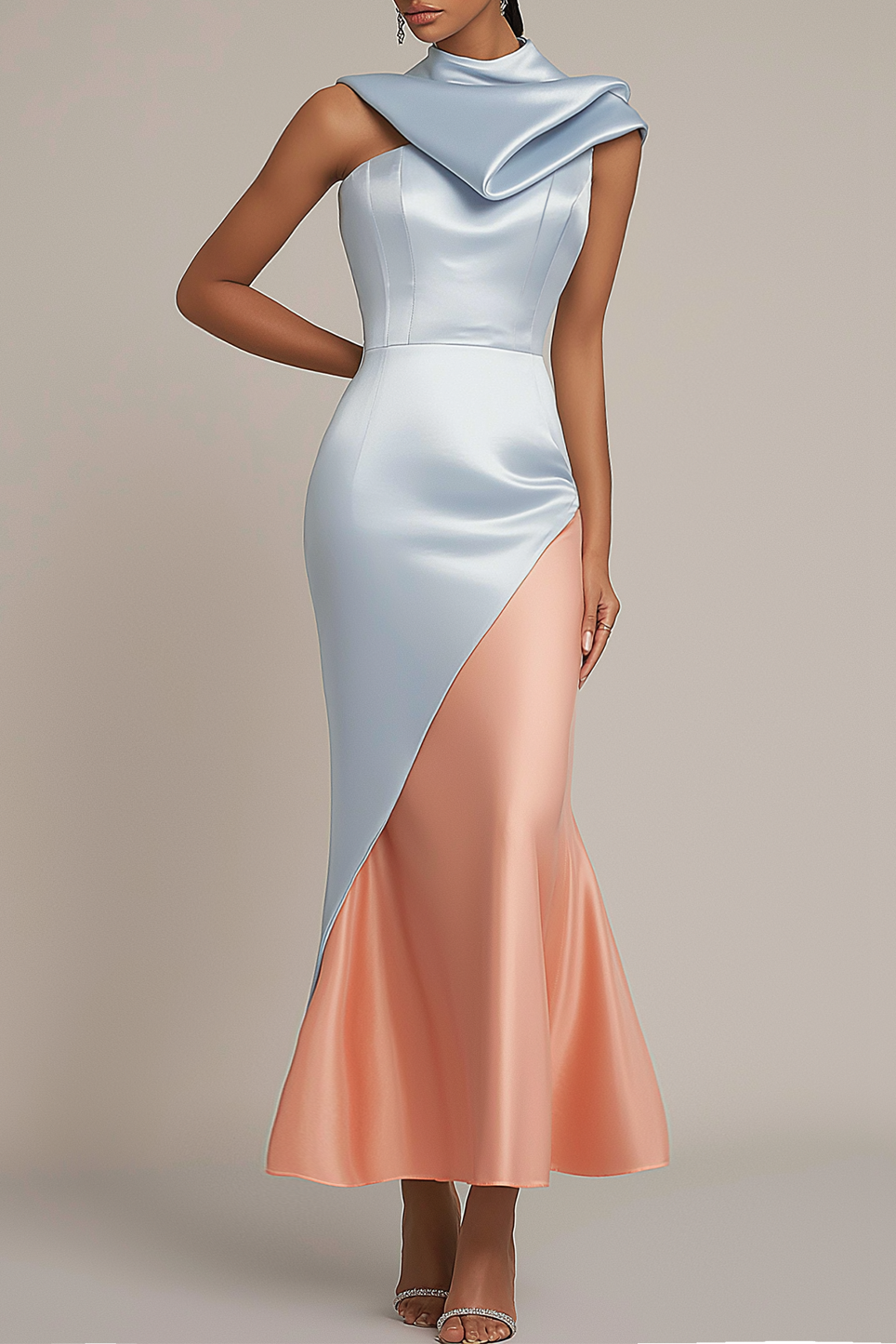 Wedding Guest Party Dress Light Blue Satin Halter Mermaid Maxi Dress
