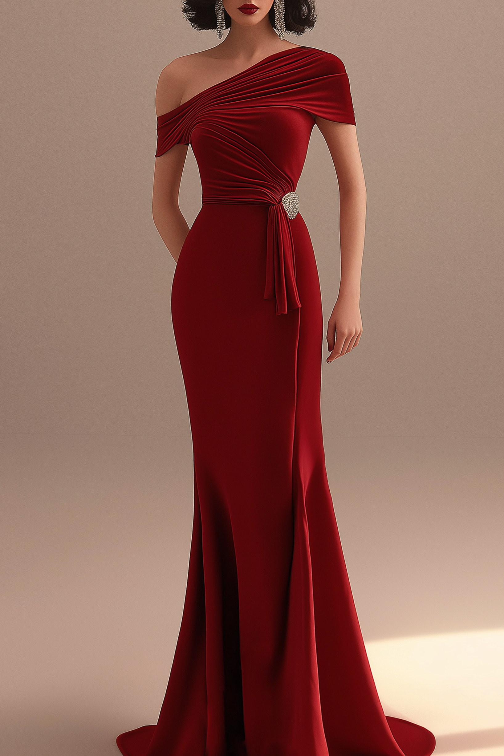 Evening Formal Dress Red One Shoulder Pleated Mermaid Floor-Length Gown