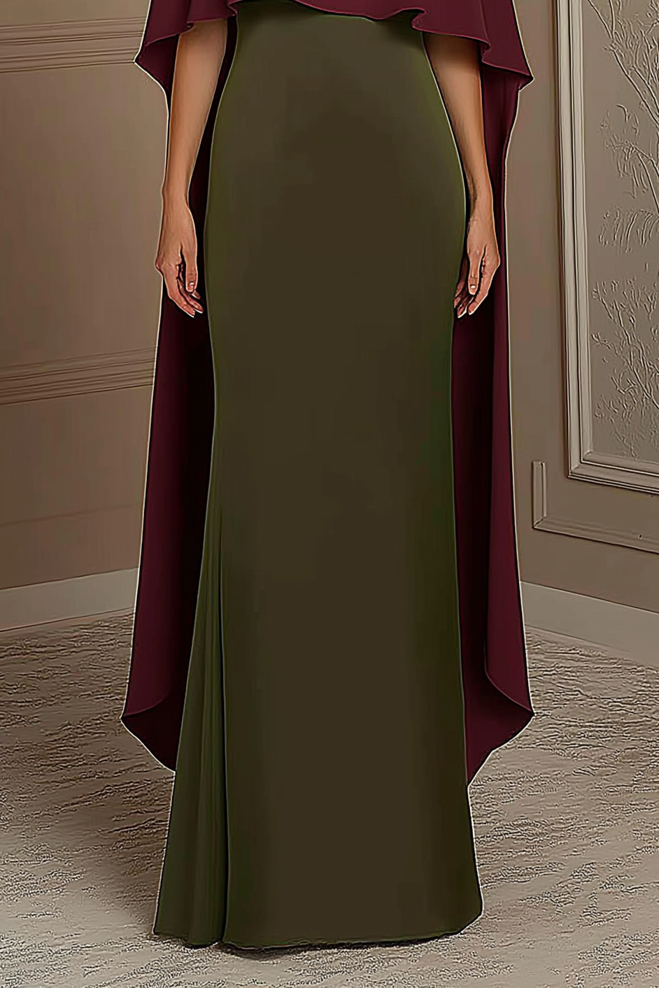 Evening Formal Dress Red Green Boat Neck Cape Floor-Length Gown