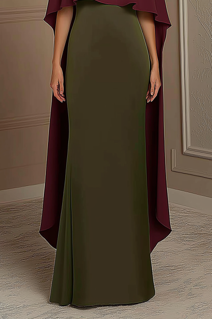 Evening Formal Dress Red Green Boat Neck Cape Floor-Length Gown