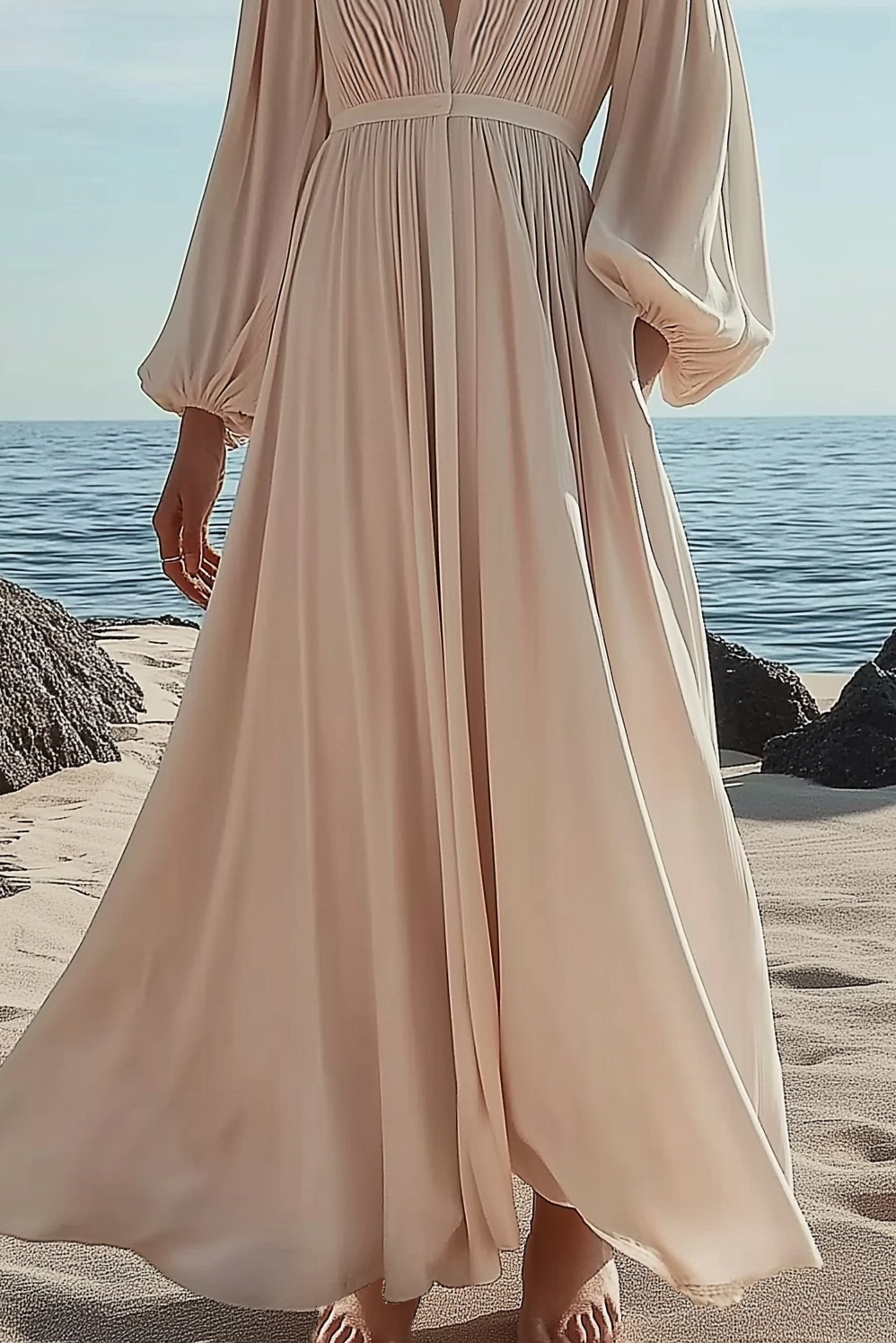 Casual Vacation Dress Beige V-Neck Puff Sleeve Maxi Dress