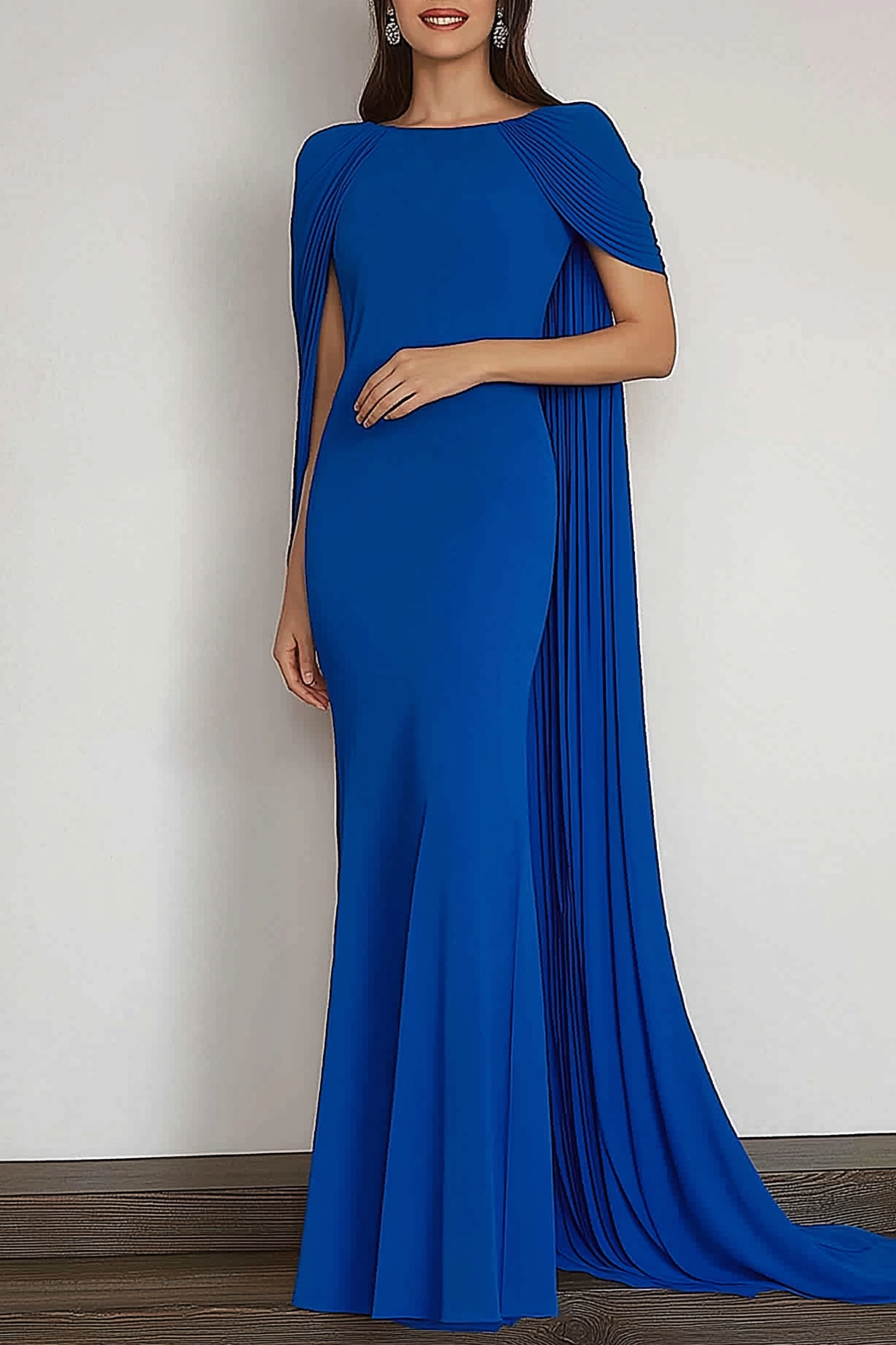 Evening Formal Dress Blue Round Neck Cape Mermaid Floor-Length Gown
