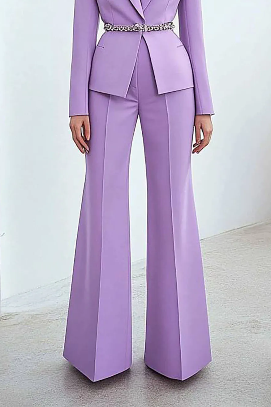 Semi-Formal Party Suit Purple Long Sleeve Belt Wide-Legged Pants Set