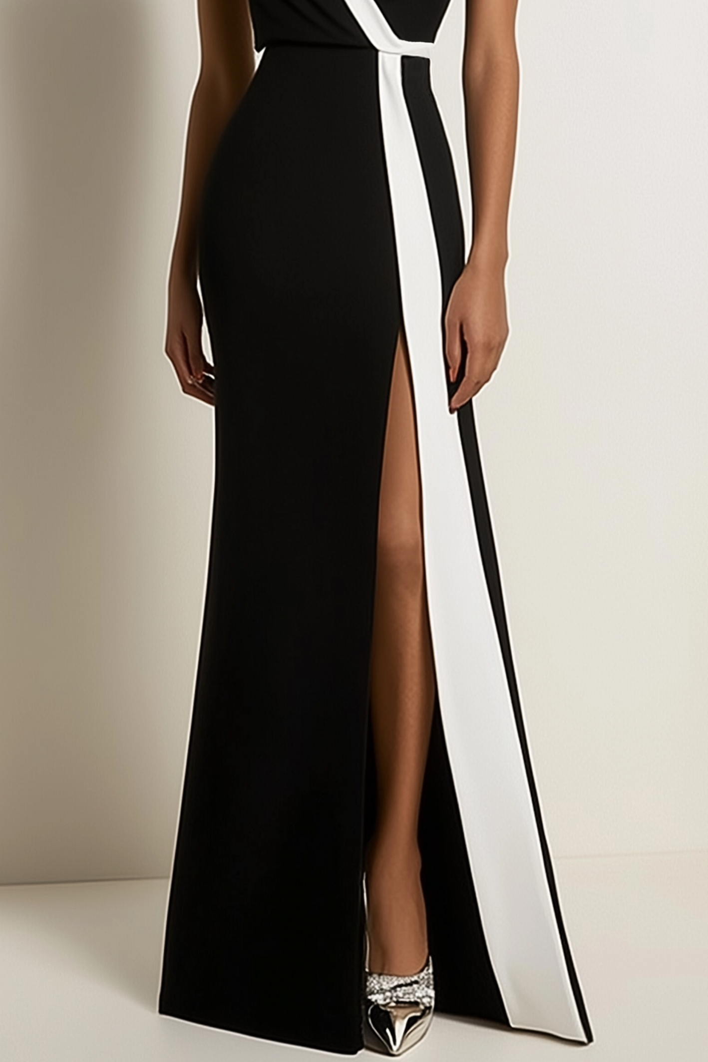 Semi-Formal Party Dress Black White Sleeveless V-Neck High Slit Floor-Length Dress