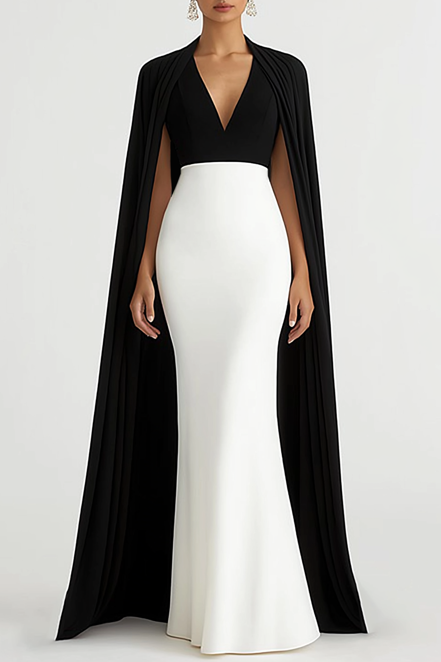 Evening Formal Dress Black White V-Neck Cape Floor-Length Gown