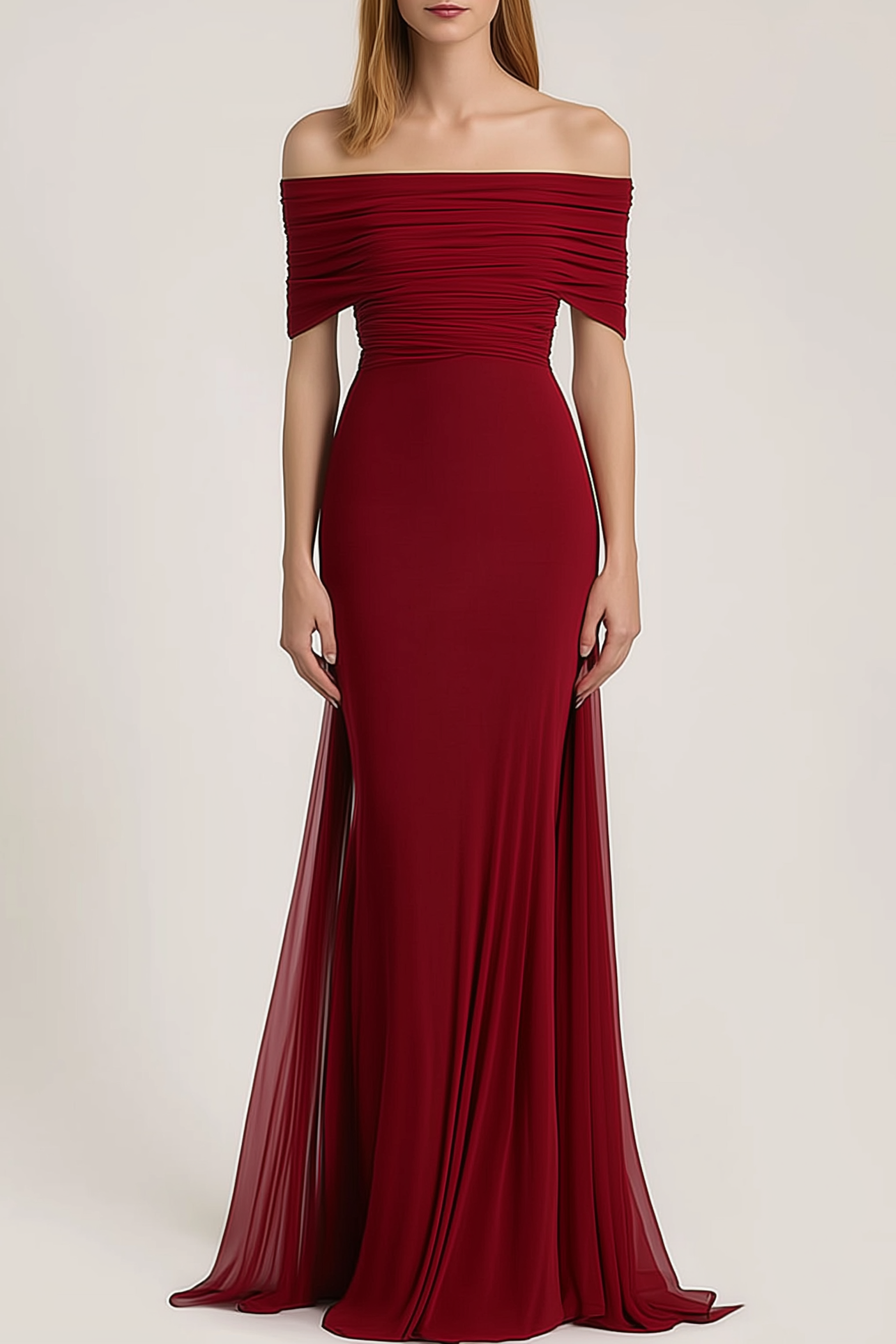 Evening Formal Dress Red Off-Shoulder Chiffon Floor-Length Gown