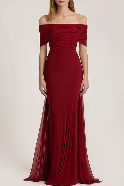 Evening Formal Dress Red Off-Shoulder Chiffon Floor-Length Gown