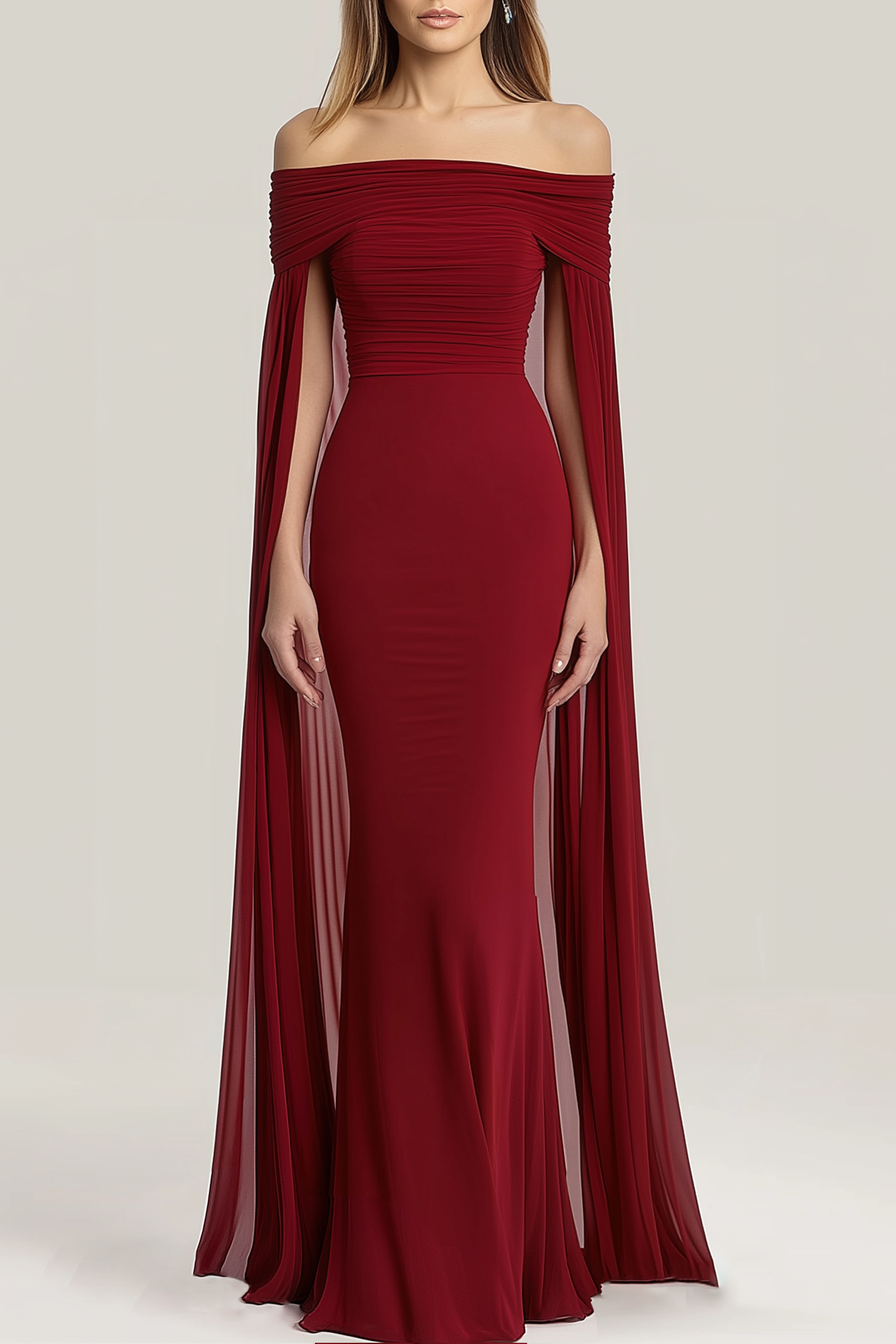Evening Formal Dress Red Off-Shoulder Cape Chiffon Floor-Length Gown