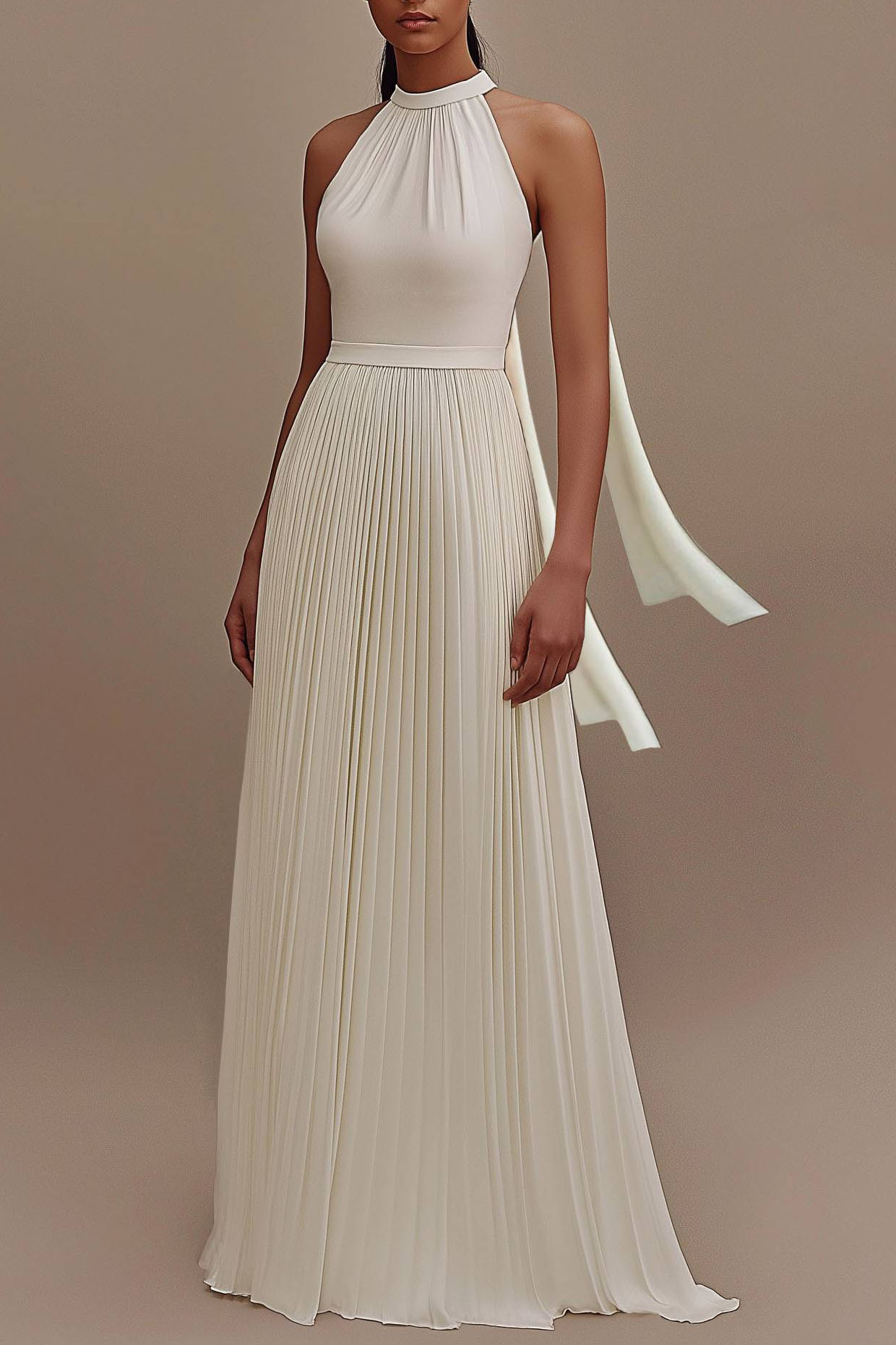 Formal Evening Dress White Halter with Flowing Pleated Floor-Length Go