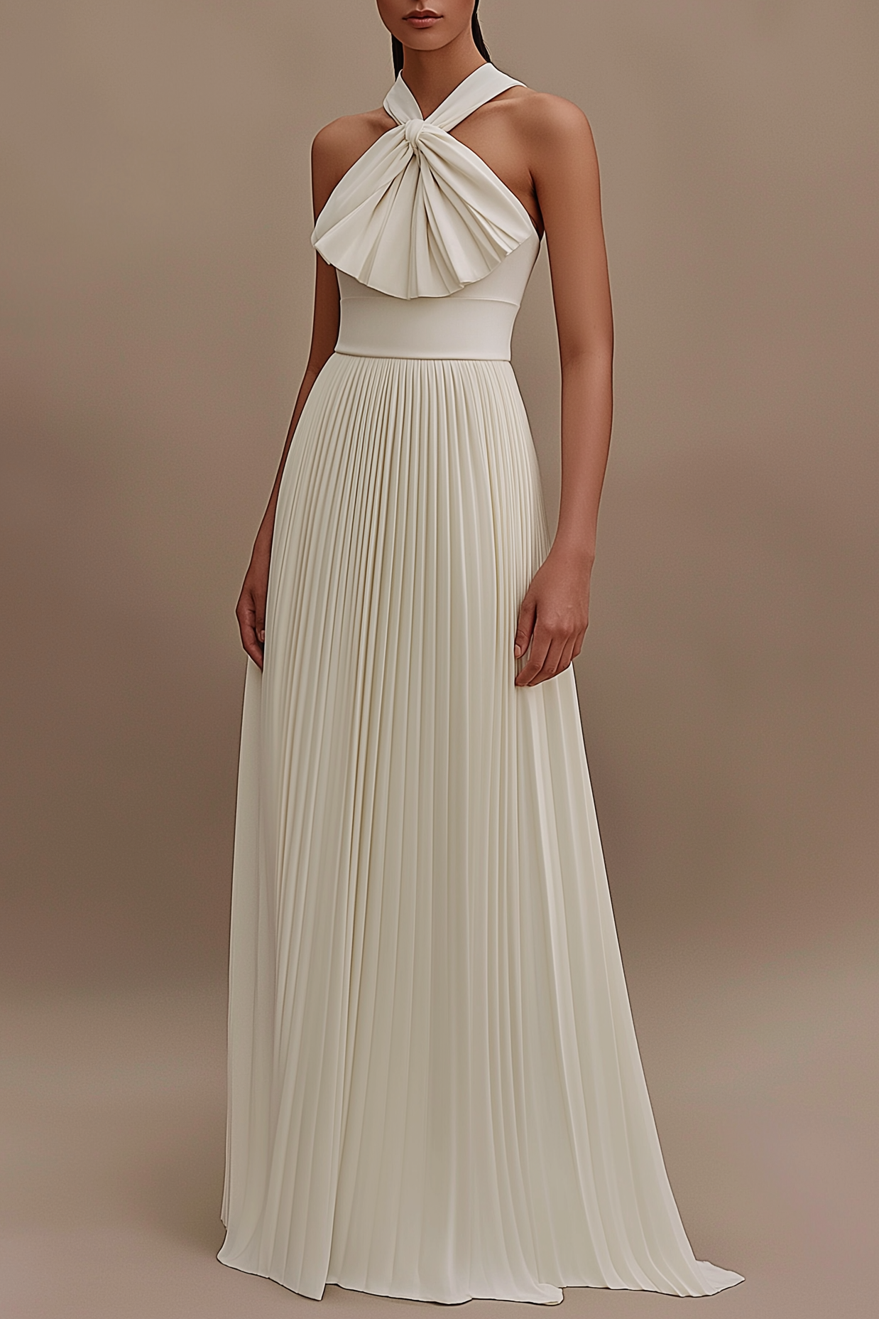 Formal Evening Dress White Halter Pleated Floor-Length Gown