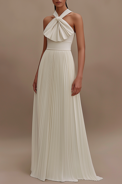 Formal Evening Dress White Halter Pleated Floor-Length Gown