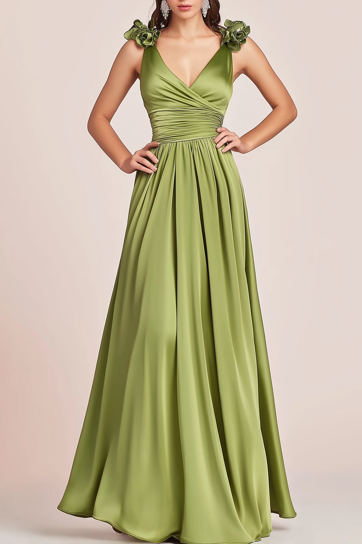 Wedding Guest Formal Dress Green Satin Flower Spaghetti Strap Floor-Length Gown