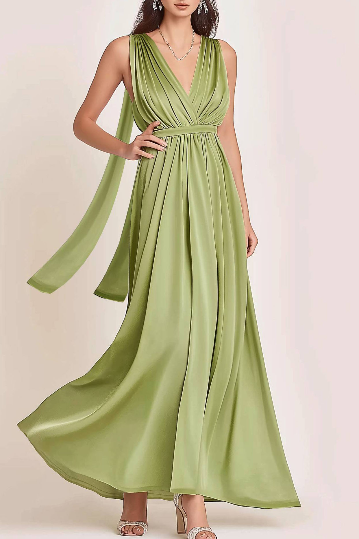 Wedding Guest Semi-Formal Dress Green Satin V-Neck Sleeveless Maxi Dress