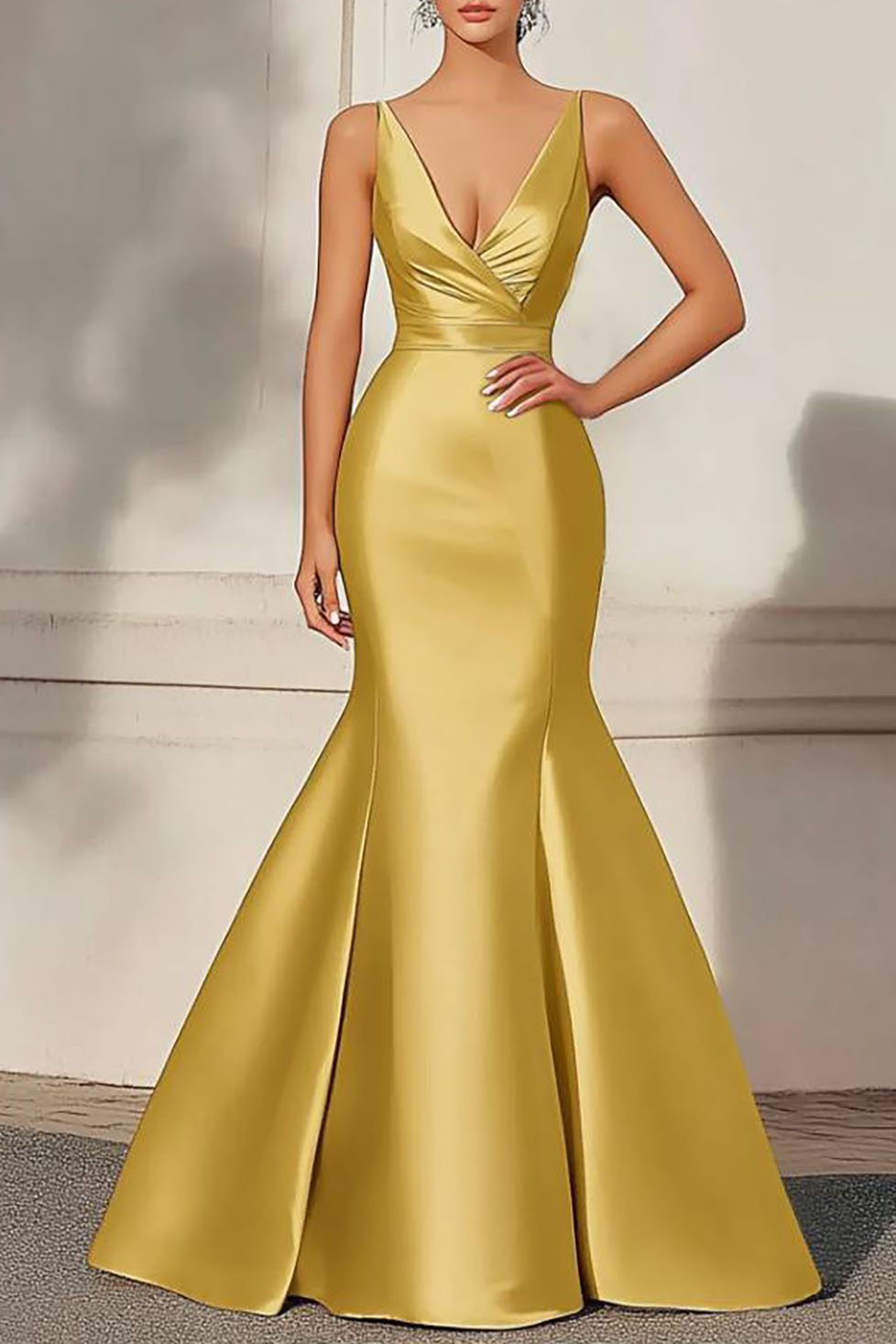Formal Evening Dress Yellow Satin Deep V Mermaid Floor-Length Gown