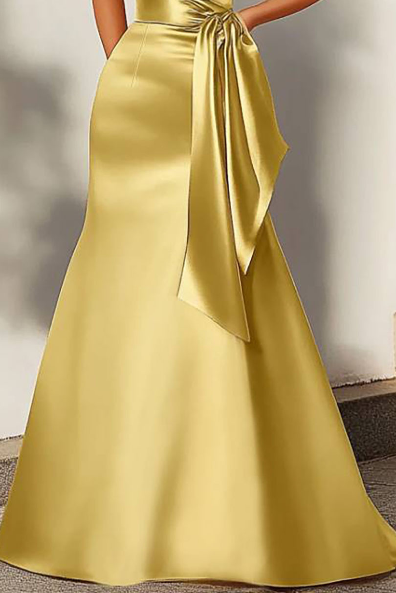 Formal Evening Dress Yellow Satin Strapless Floor-Length Gown