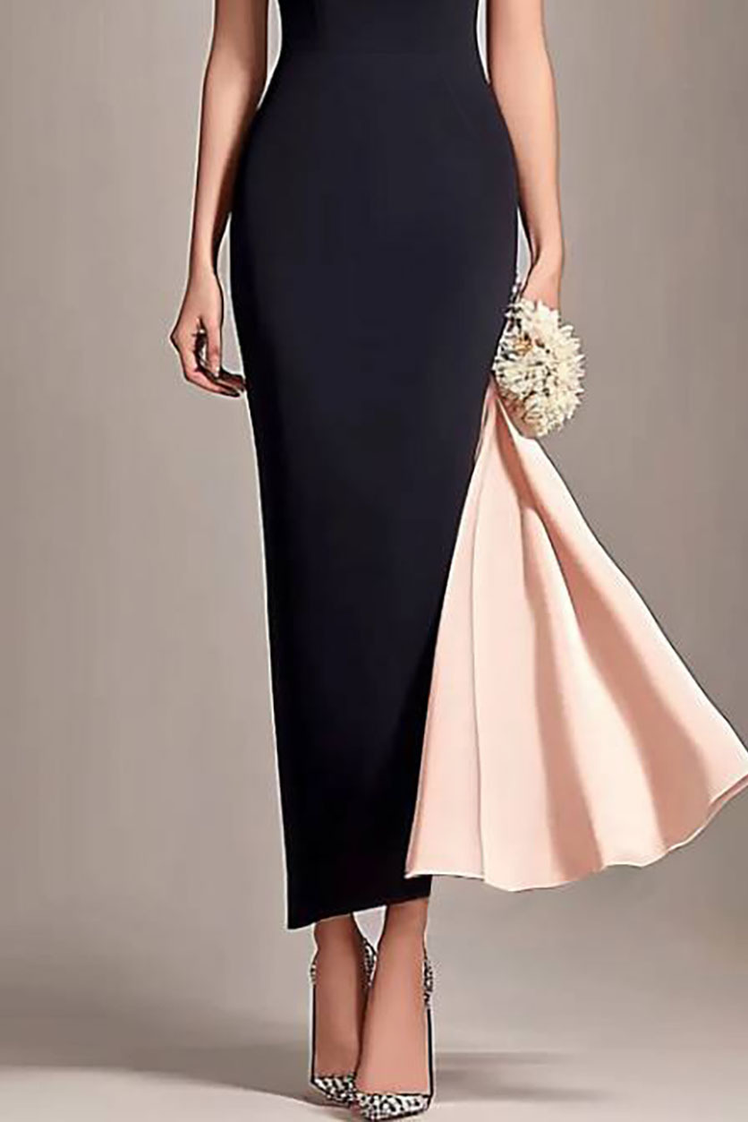 Semi-Formal Party Dress Black Pink Sleeveless Round Neck Fitted Maxi Dress
