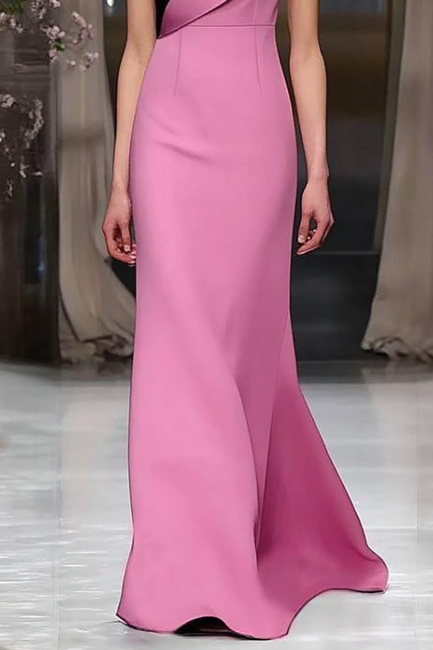 Formal Evening Dress Pink Black One Shoulder Ruffle Floor-Length Gown