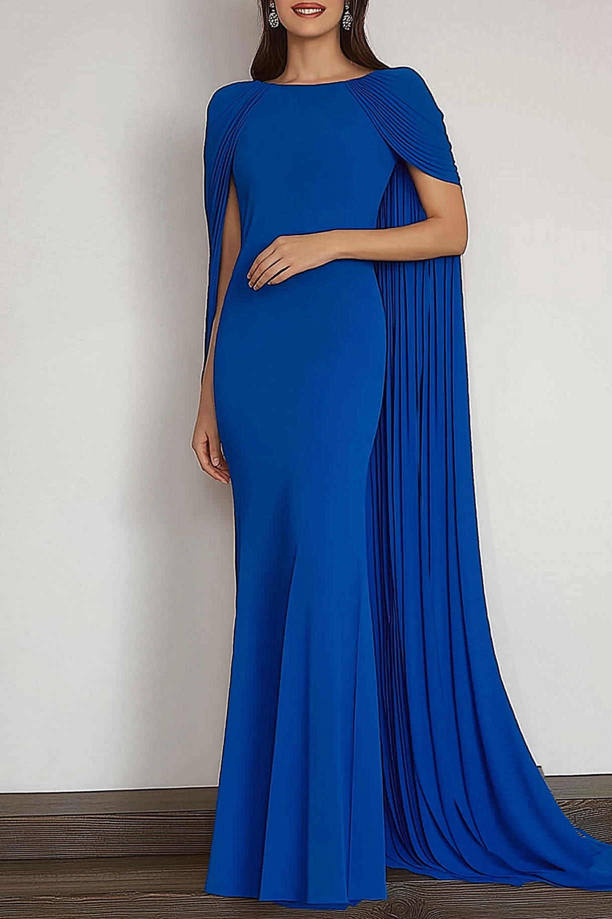 Evening Formal Dress Blue Round Neck Cape Mermaid Floor-Length Gown