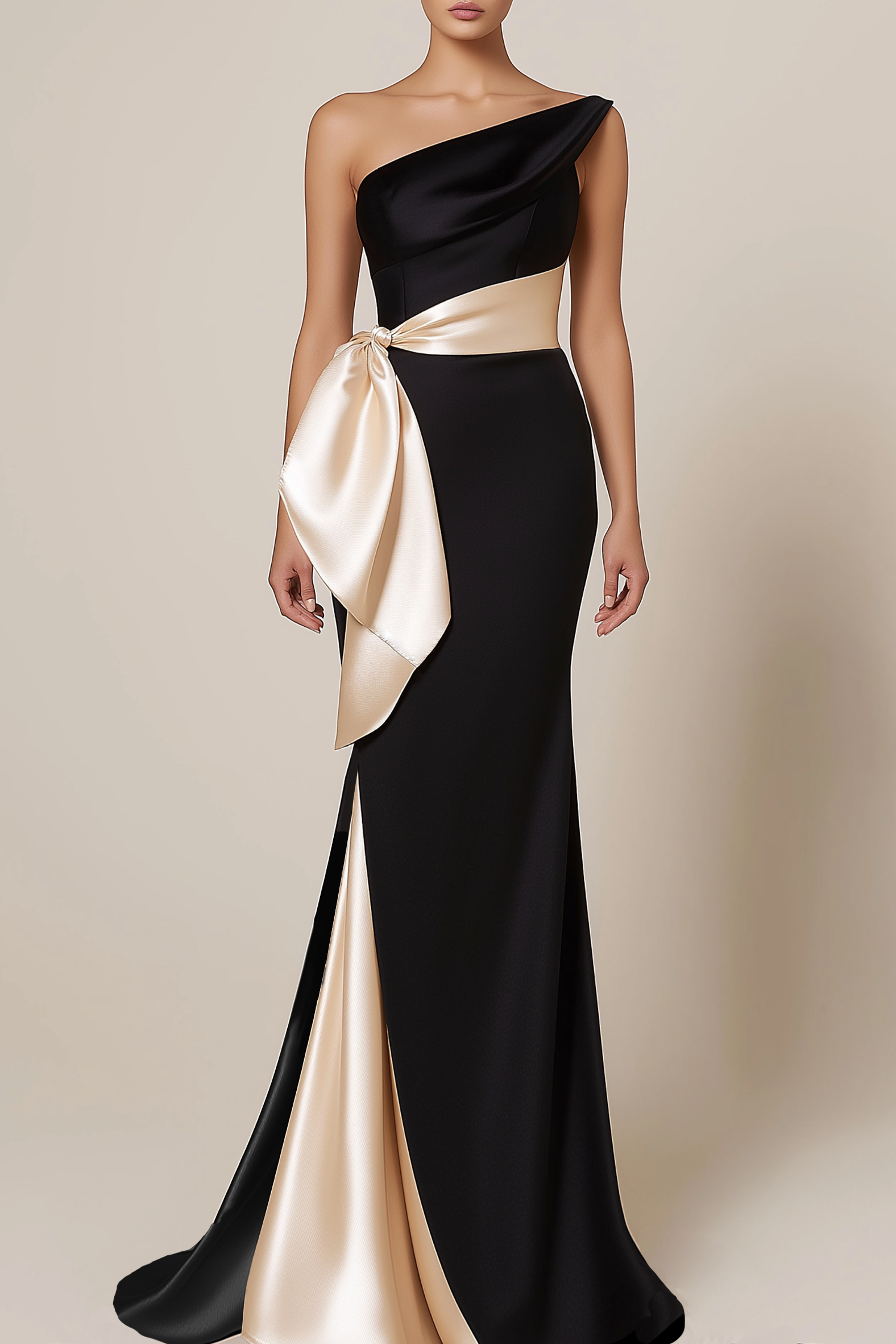 Evening Formal Dress Black Pink Satin One Shoulder Floor-Length Dress