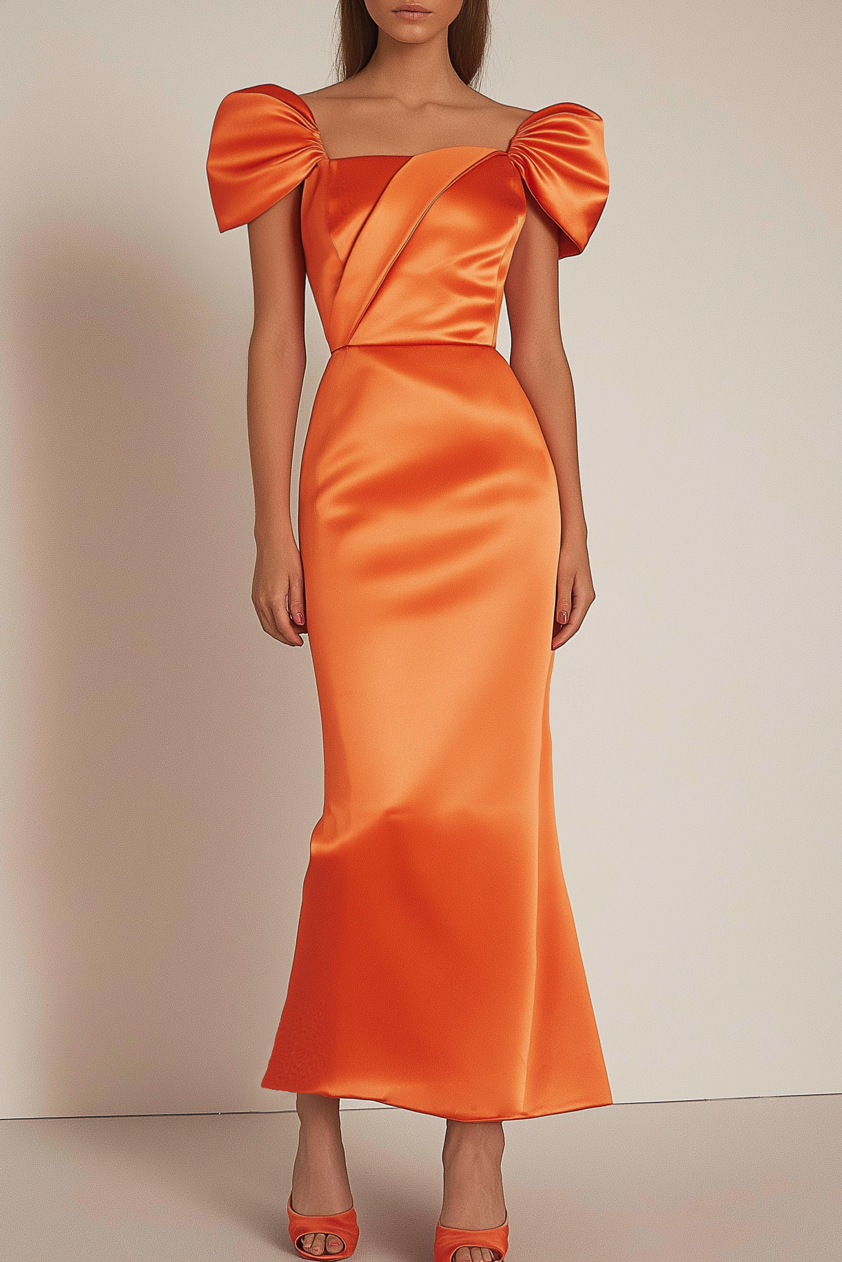 Evening Formal Dress Orange Satin Square Neck Puff Sleeve Maxi Dress