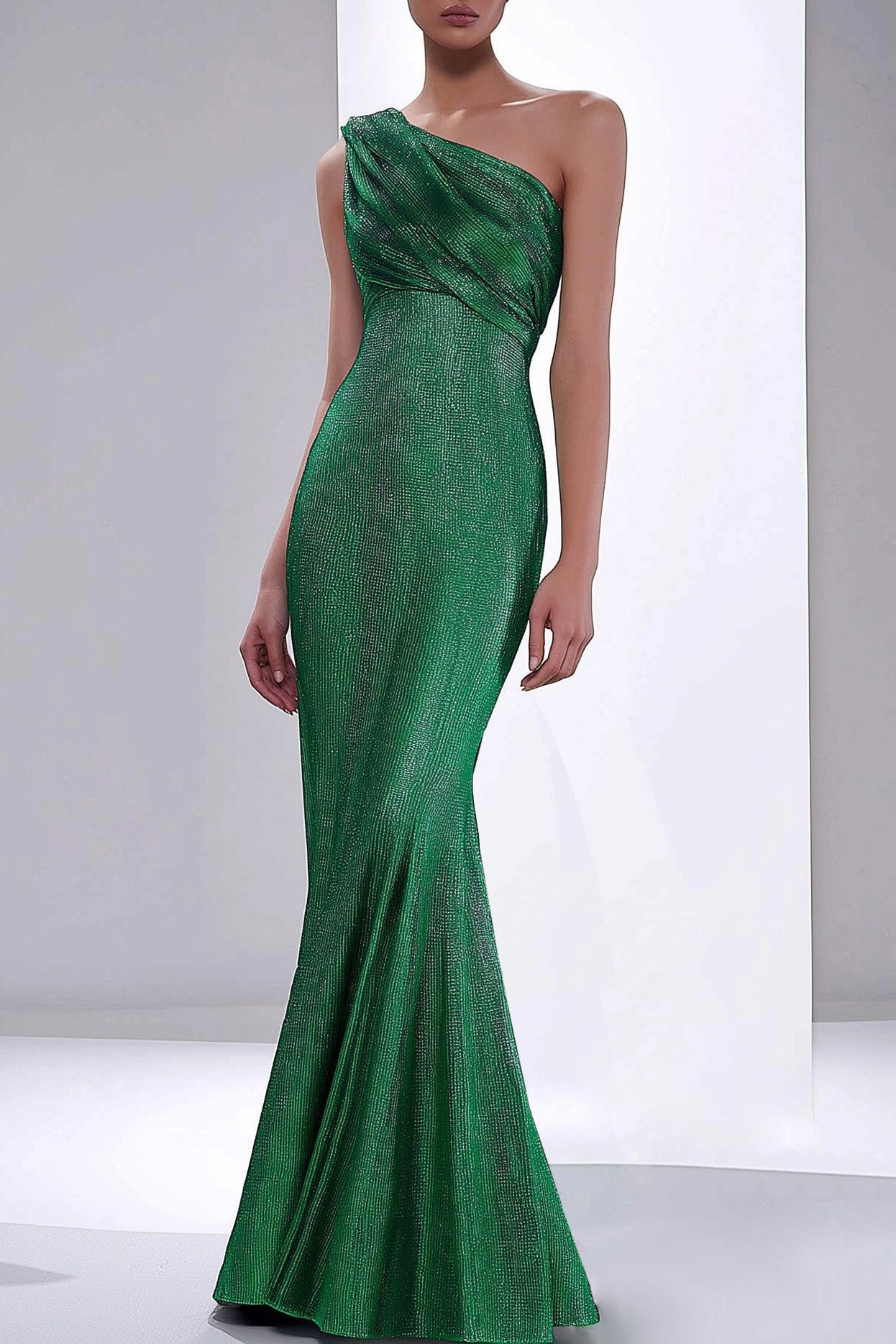 Evening Formal Dress Green One Shoulder Stretch Mermaid Floor-Length Dress