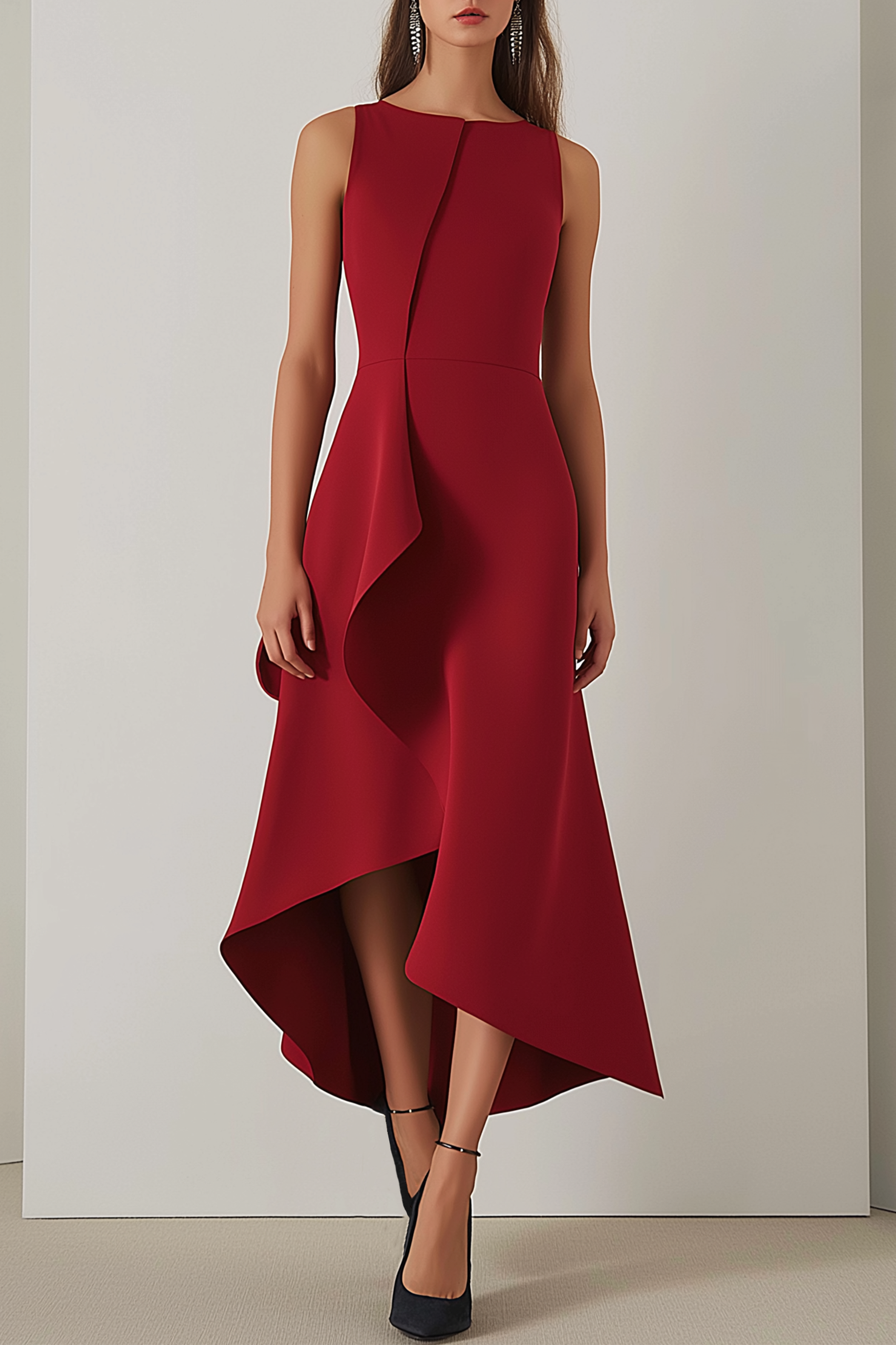 Party Semi-Formal Dress Red Round Neck Sleeveless High Low Dress