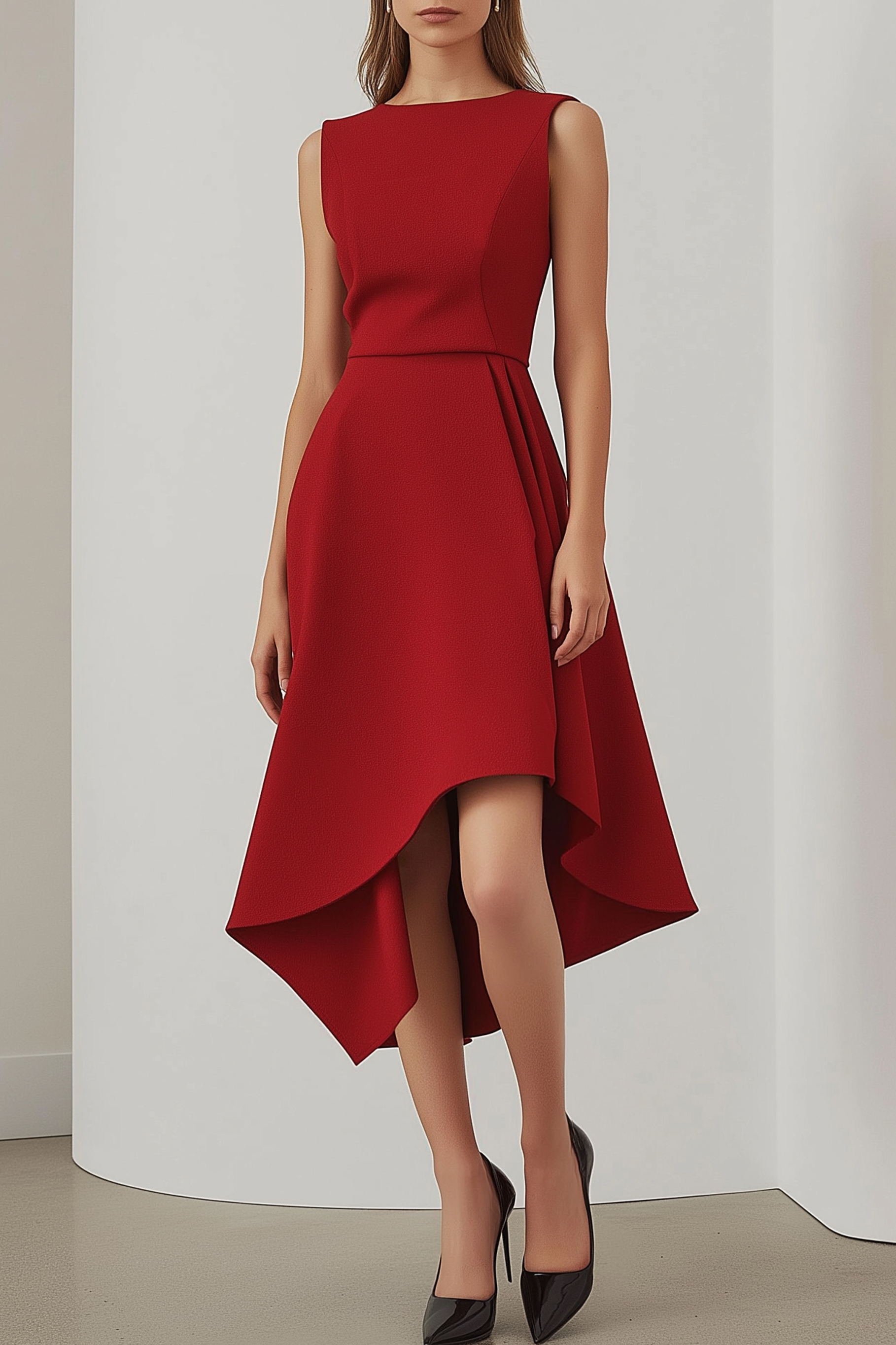 Party Semi-Formal Dress Red Round Neck Sleeveless Ruched High Low Dress