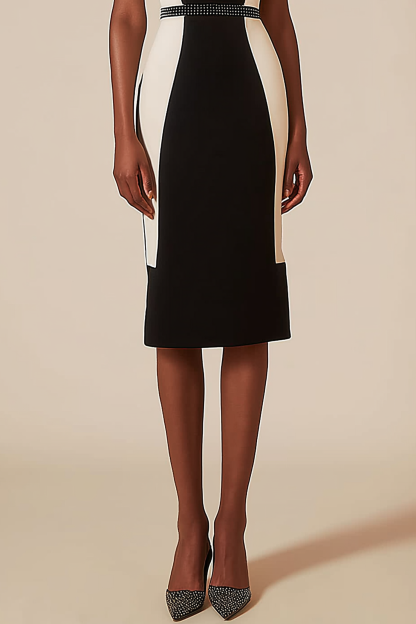 Cocktail Party Dress Black White Slip Sleeveless V-Neck Knee-Length Dress