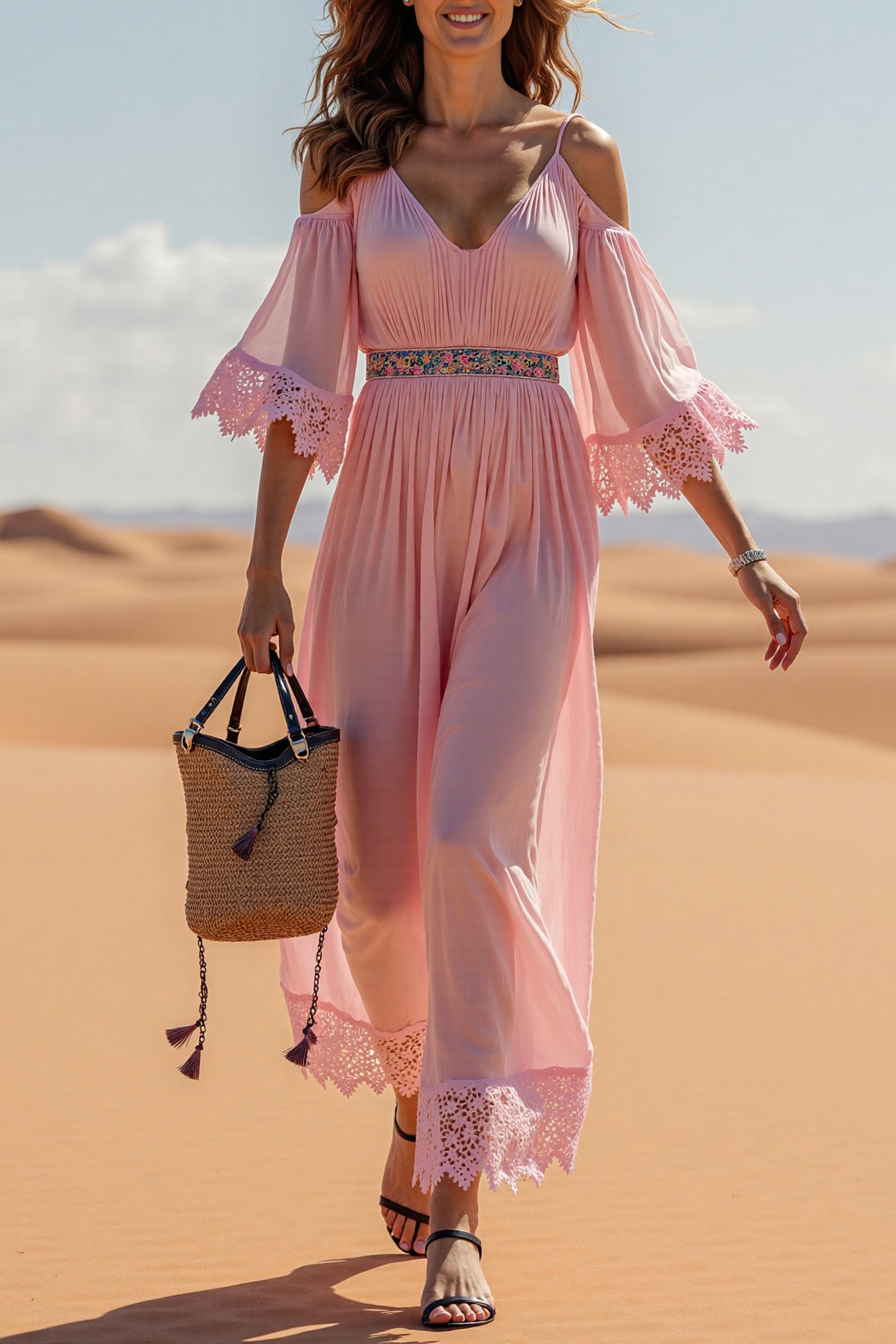 Bohemian Casual Dress Pink V-Neck Lace Trim Chiffon Maxi Dress
