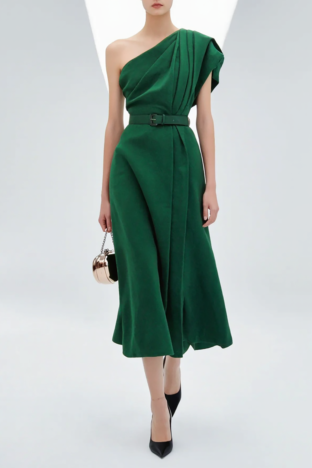 Chic Party Dress Green One Shoulder Ruched with Belt Midi Dress
