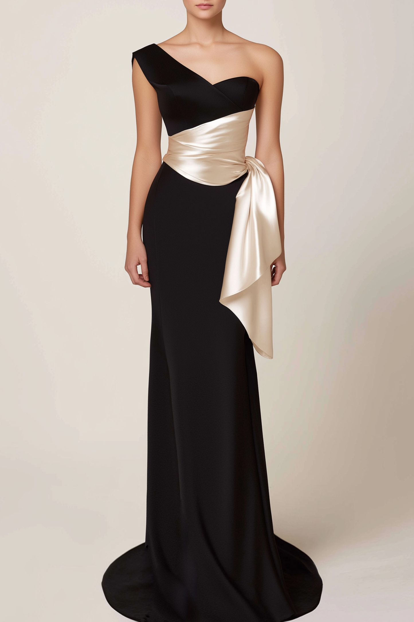 Formal Evening Dress Black One Shoulder Beige Belt Floor-Length Gown