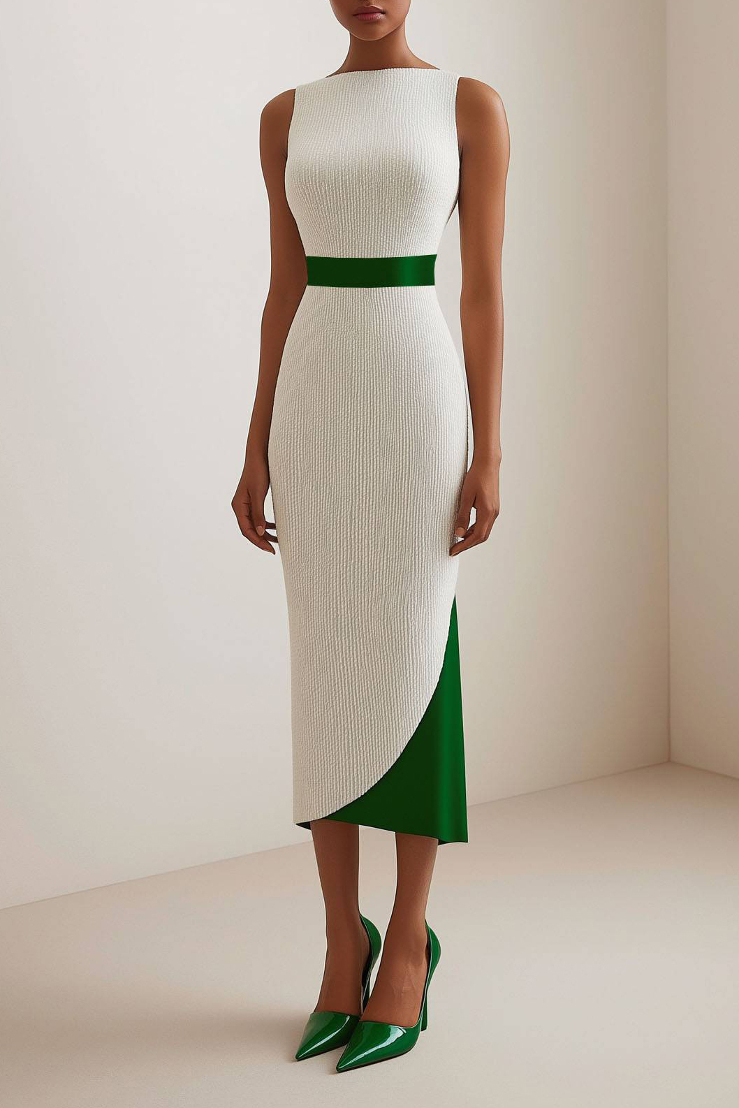 Semi-Formal Party Dress White Sleeveless Satin Waist Belt Midi Dress