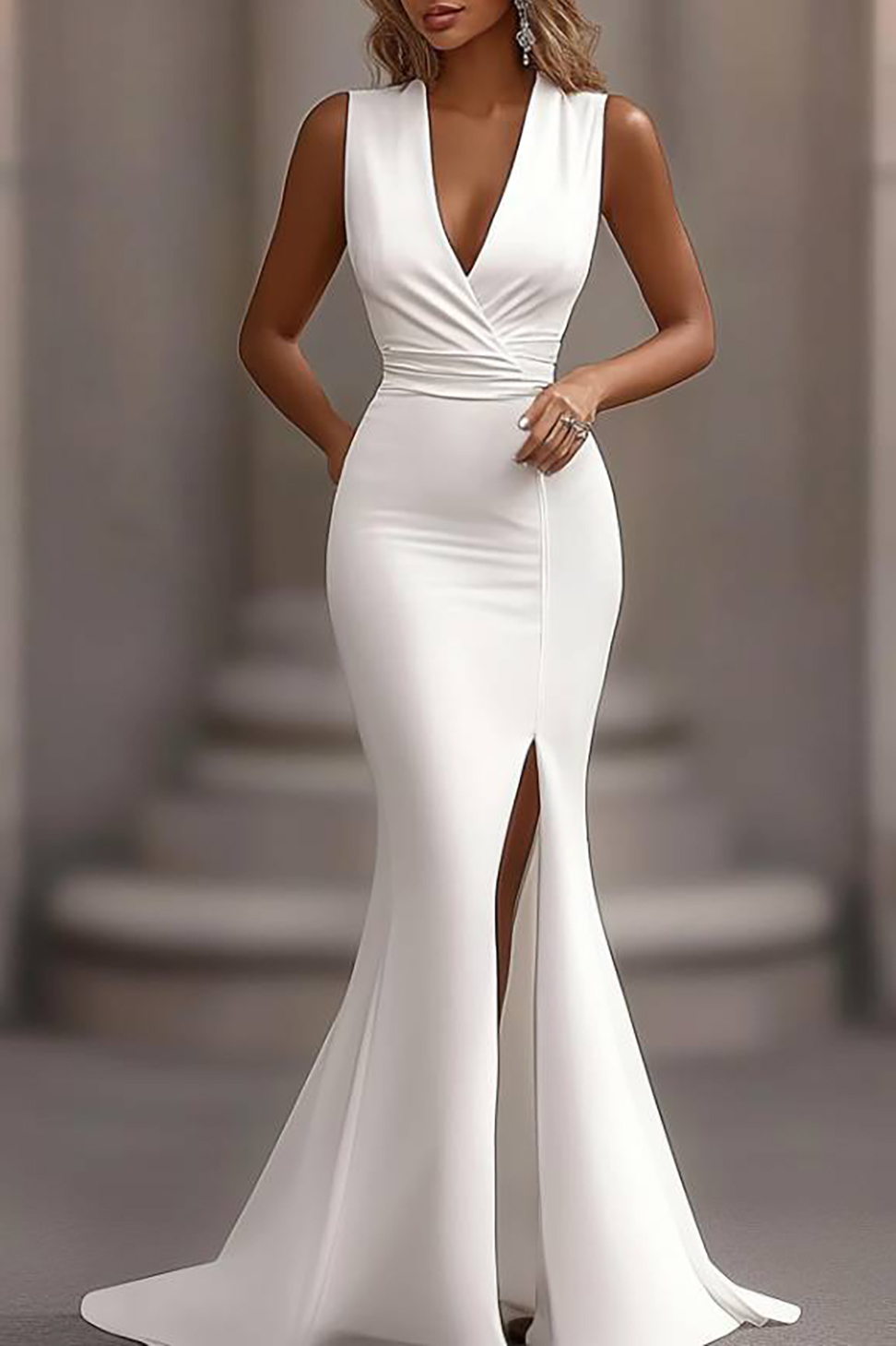 Semi-Formal Party Dress White Sleeveless Satin Waist Belt Midi Dress