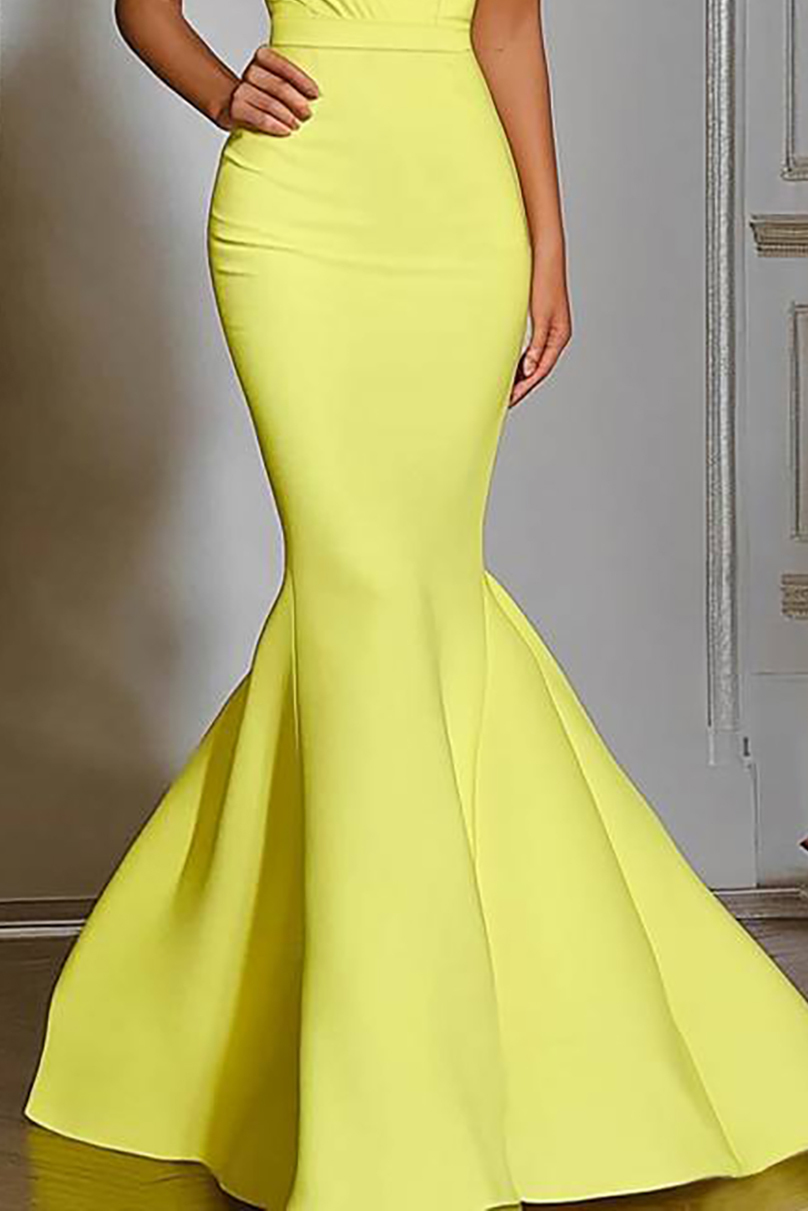 Formal Evening Dress Yellow Sleeveless V-Neck Mermaid Floor-Length Gown