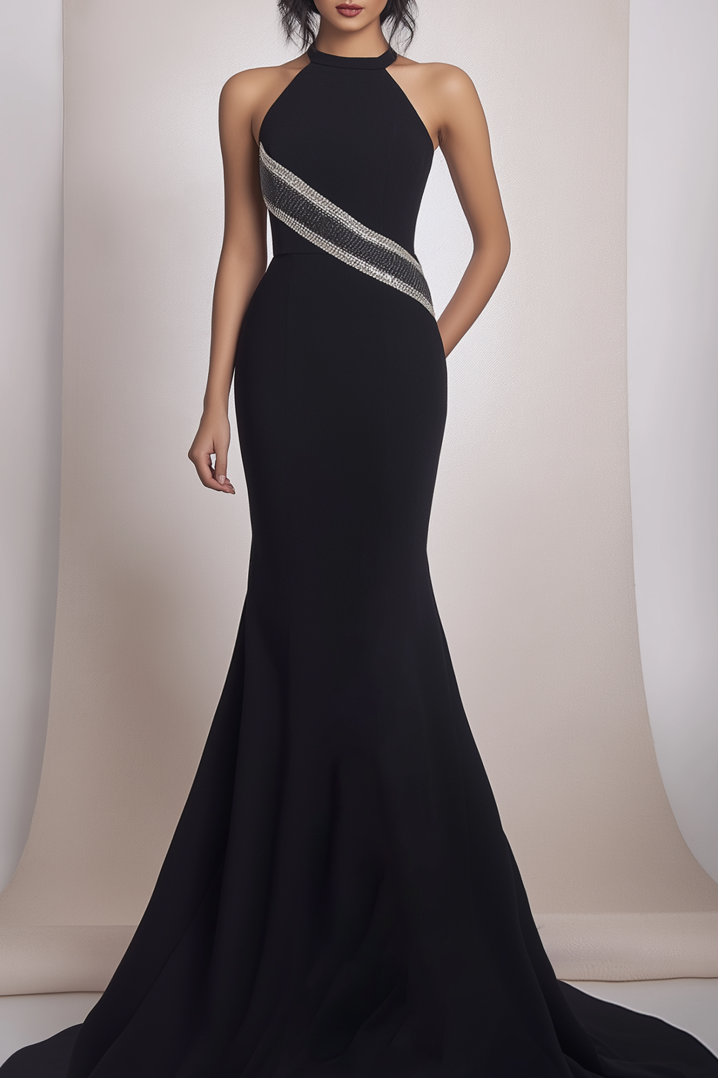 Formal Evening Halter Dress Black Ribbon Mermaid Floor-Length Gown