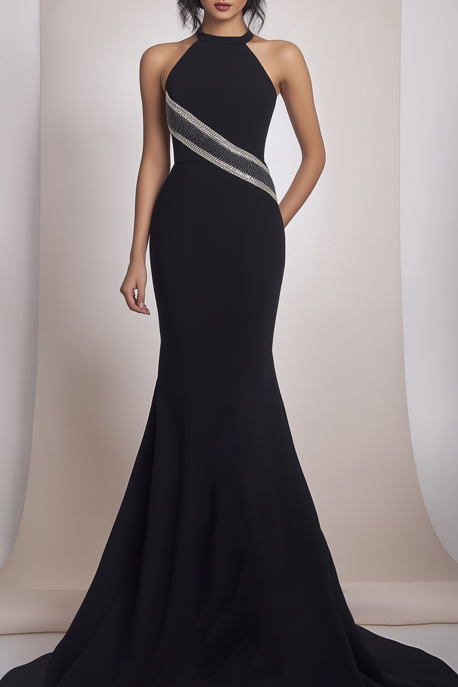 Formal Evening Halter Dress Black Ribbon Mermaid Floor-Length Gown