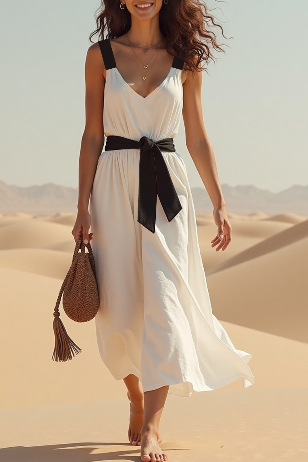 Casual Daily Dress Black White Spaghetti Strap V-Neck Tie Midi Dress