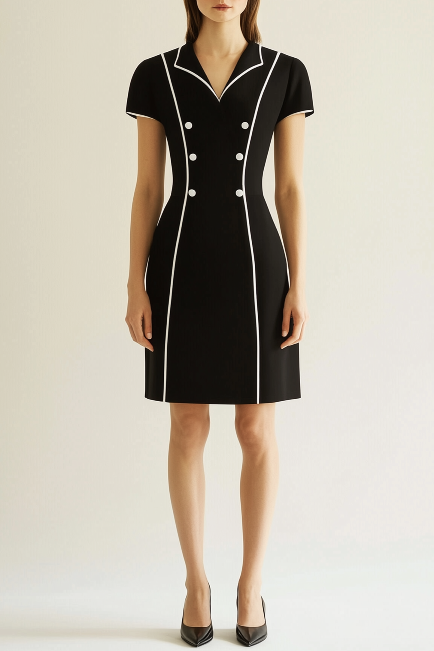 Work Semi-Formal Dress Black V-Neck Short Sleeve Striped Mini Dress