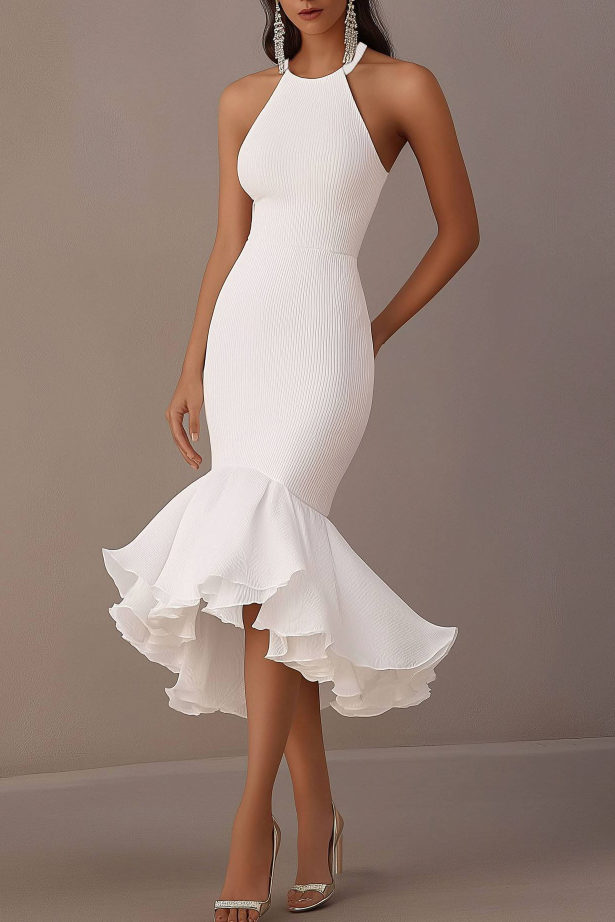 Cocktail Party Halter Neck Dress White Fitted Mermaid Midi Dress