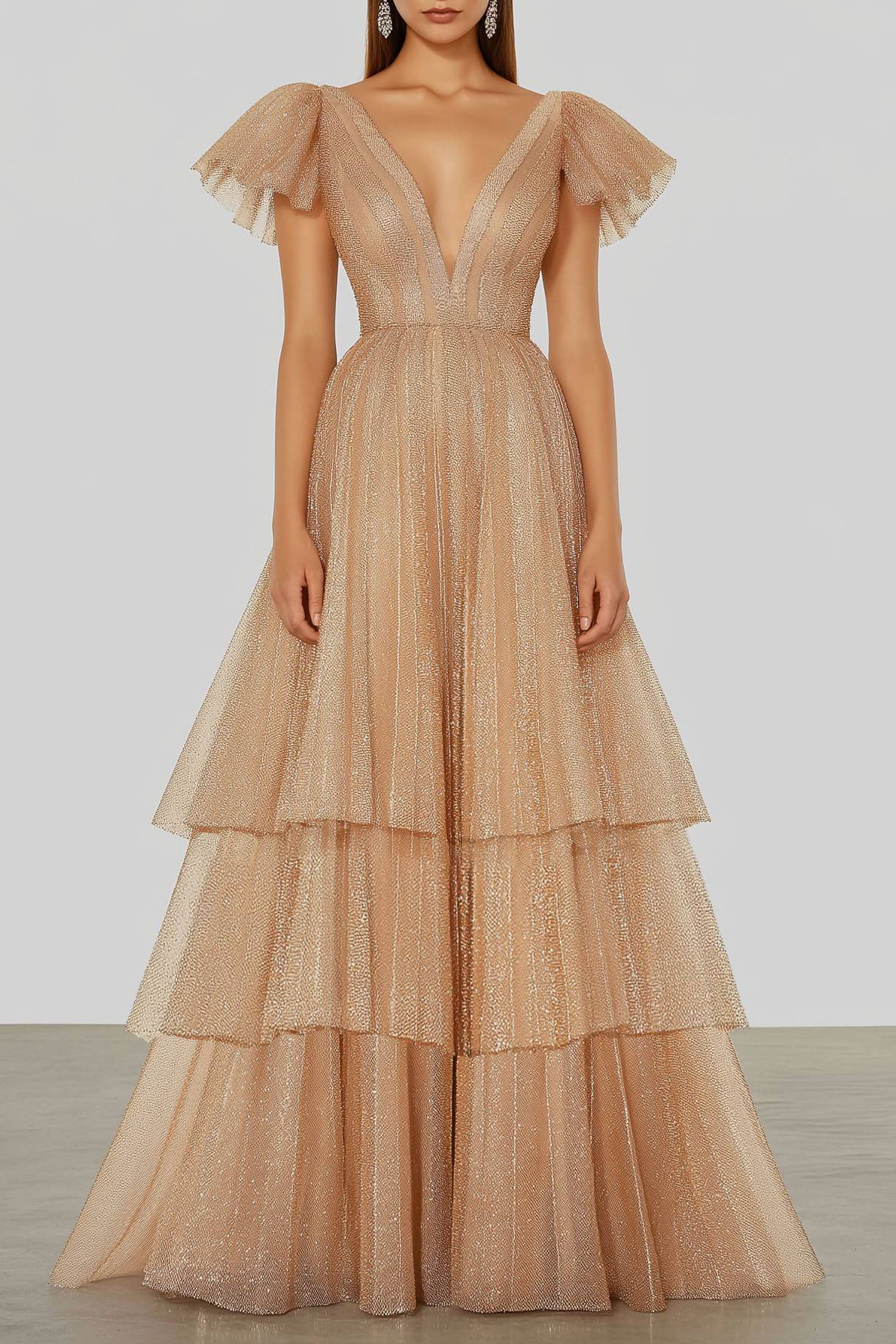 Evening Tiered Layer Dress Champagne Deep V-Neck Tulle Floor-Length Go