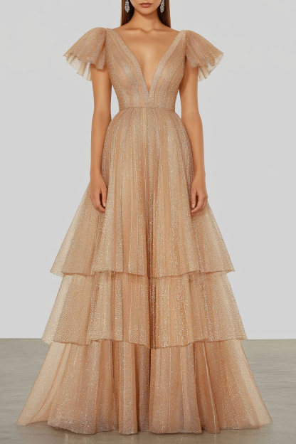 Evening Tiered Layer Dress Champagne Deep V-Neck Tulle Floor-Length Gown