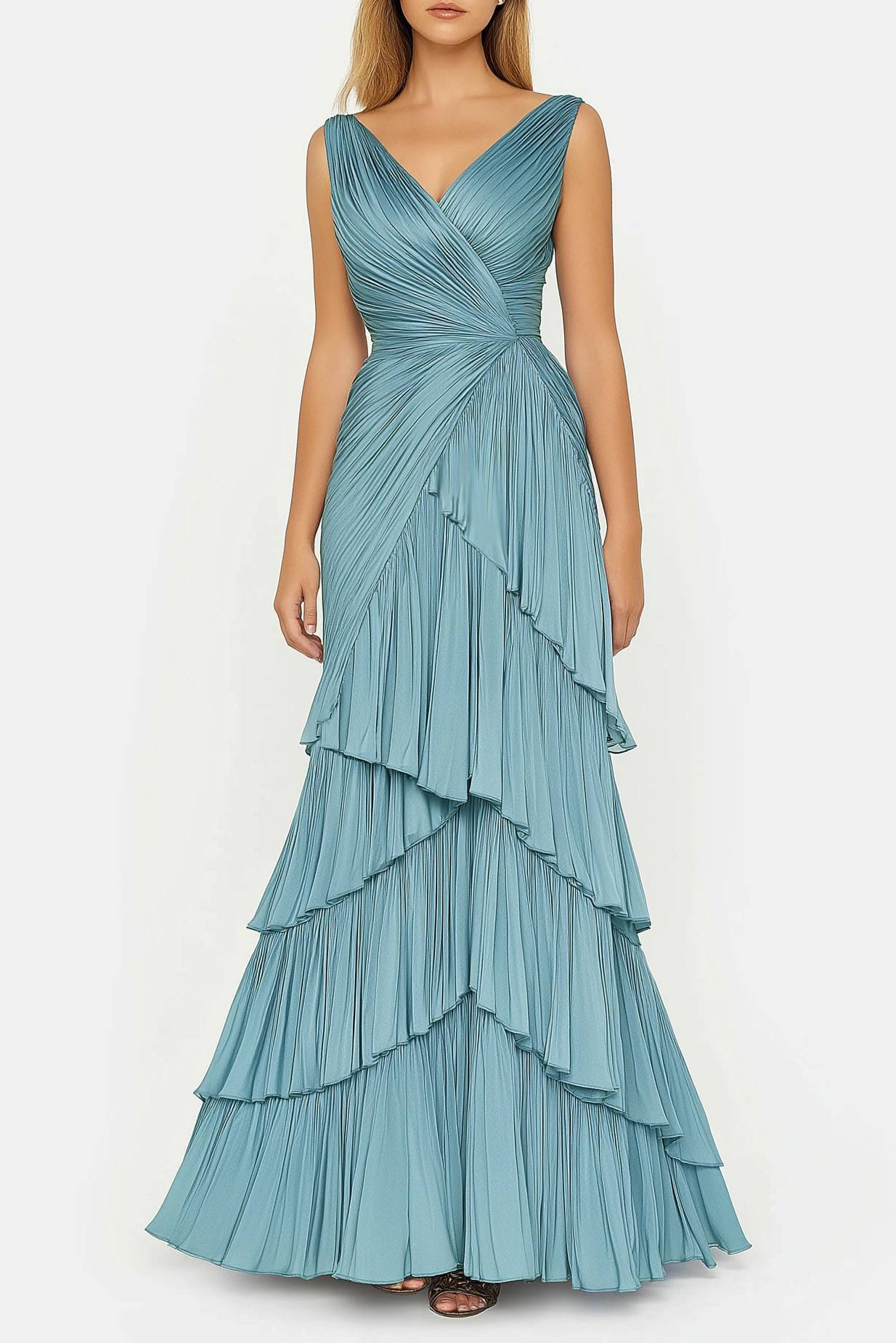 Formal Tiered Layer Dress Blue Sleeveless Pleated V-Neck Floor-Length