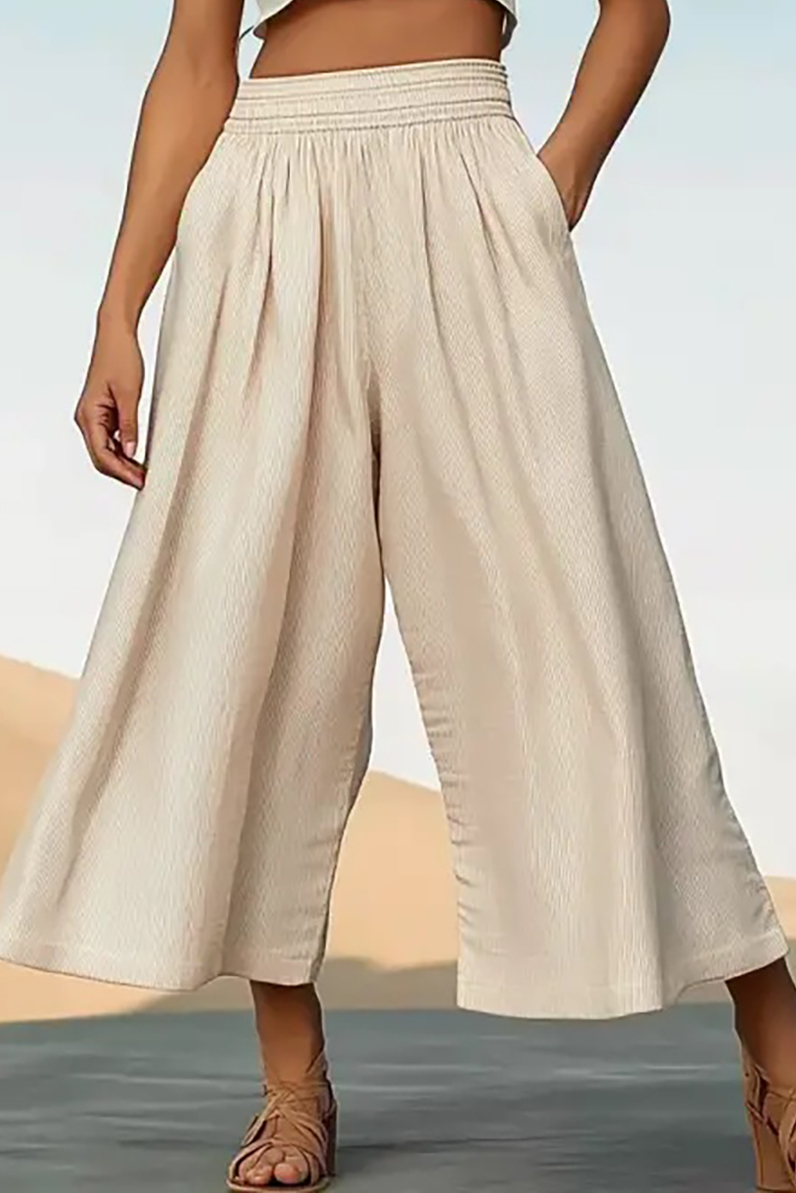 Casual Vacation Linen Pants Beige Pocket Wide-Leg Pants