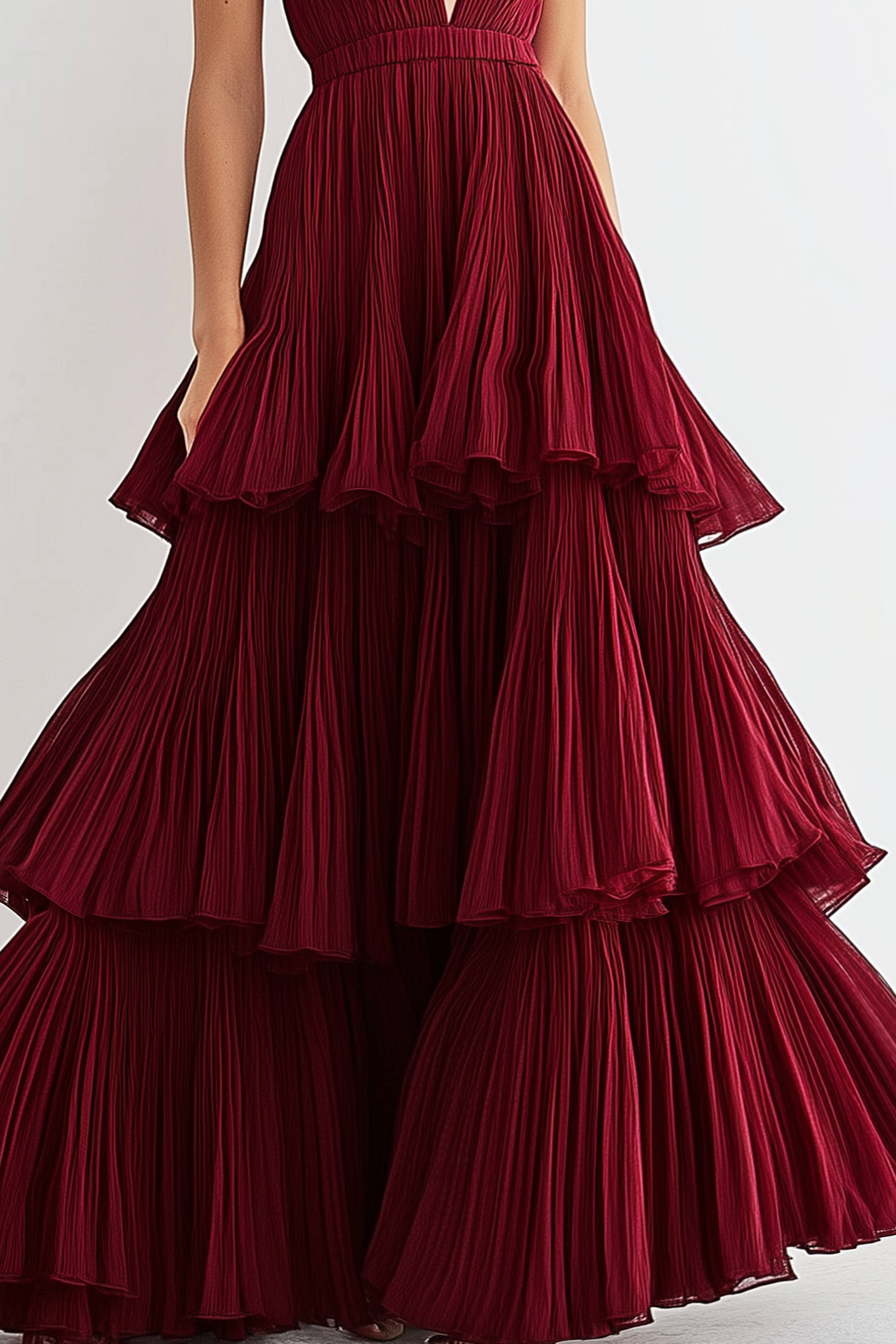 Formal Tiered Layer Dress Red Sleeveless Deep V Pleated Floor-Length Gown