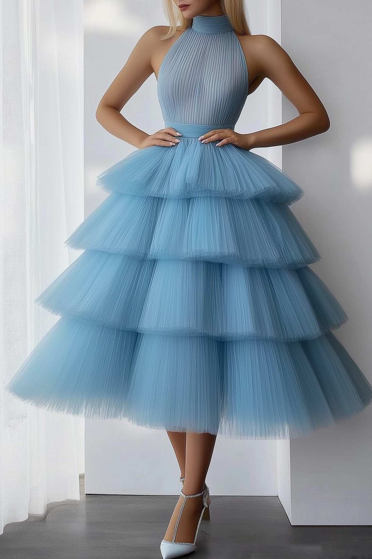 Prom Tiered Layer Dress Blue Halter Neck Sleeveless Pleated Tulle Midi