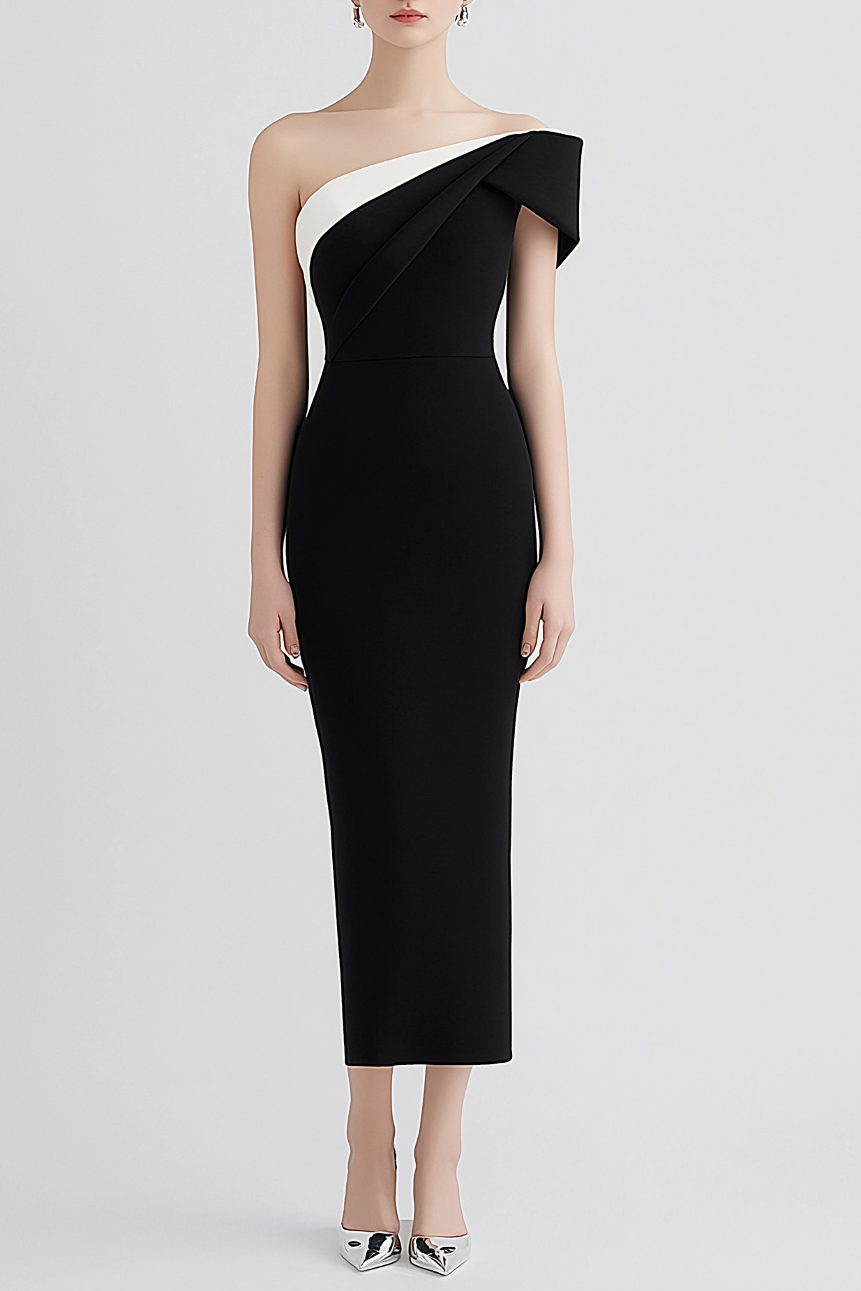 Formal Evening Dress Black White One Shoulder Fitted Midi Dress