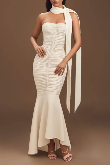 Holiday Party Halter Neck Dress Beige Strapless Mermaid Maxi Dress
