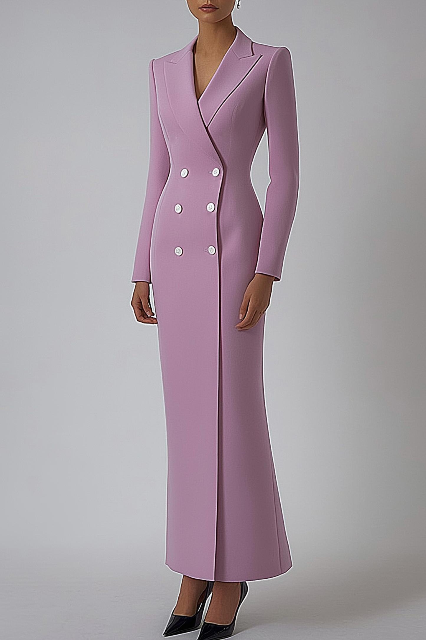Work Blazer Dress Light Purple Lapel Long Sleeve Button Maxi Dress